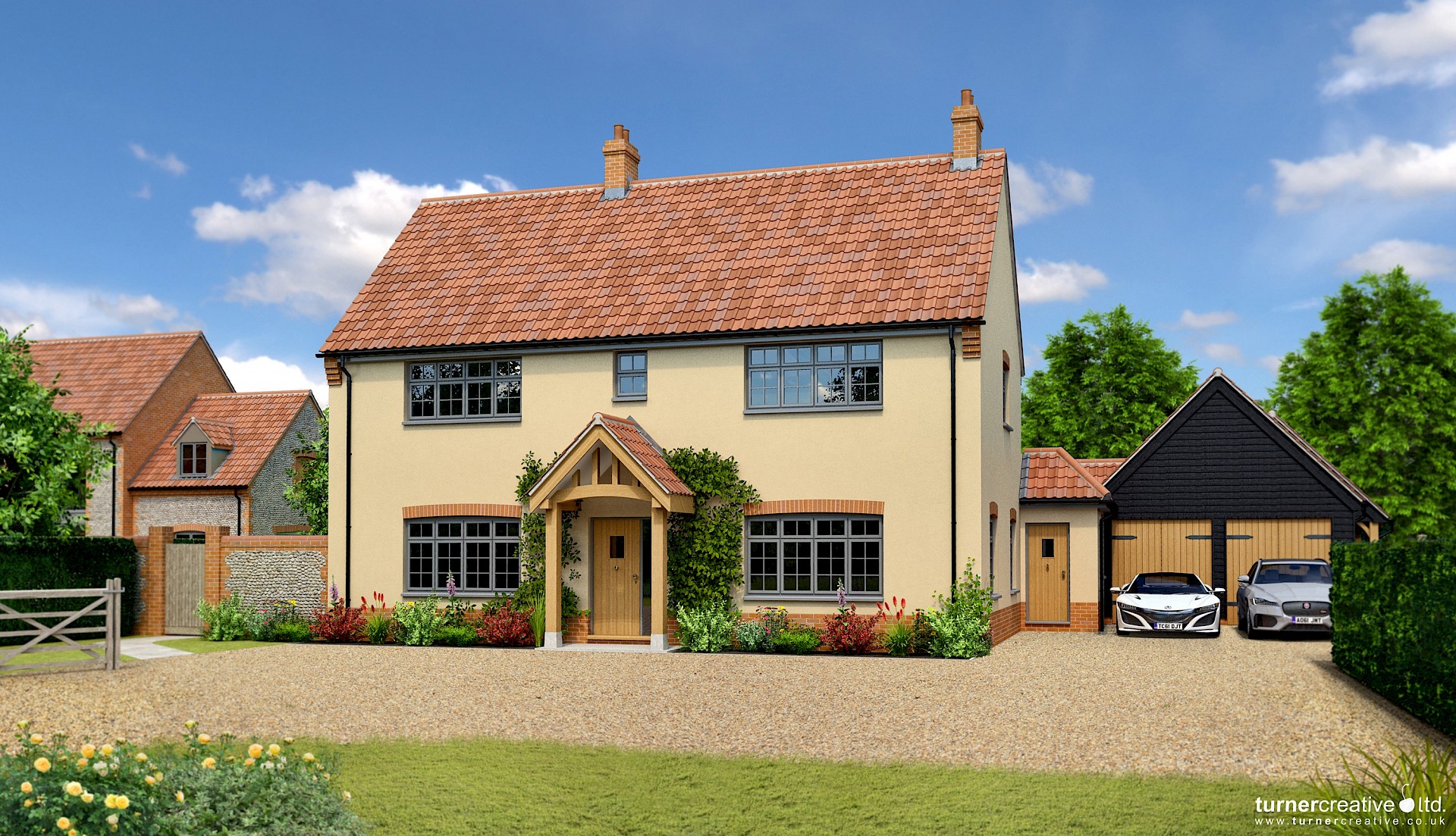 Traditional farmhouse renovation with oak porch and timber garage