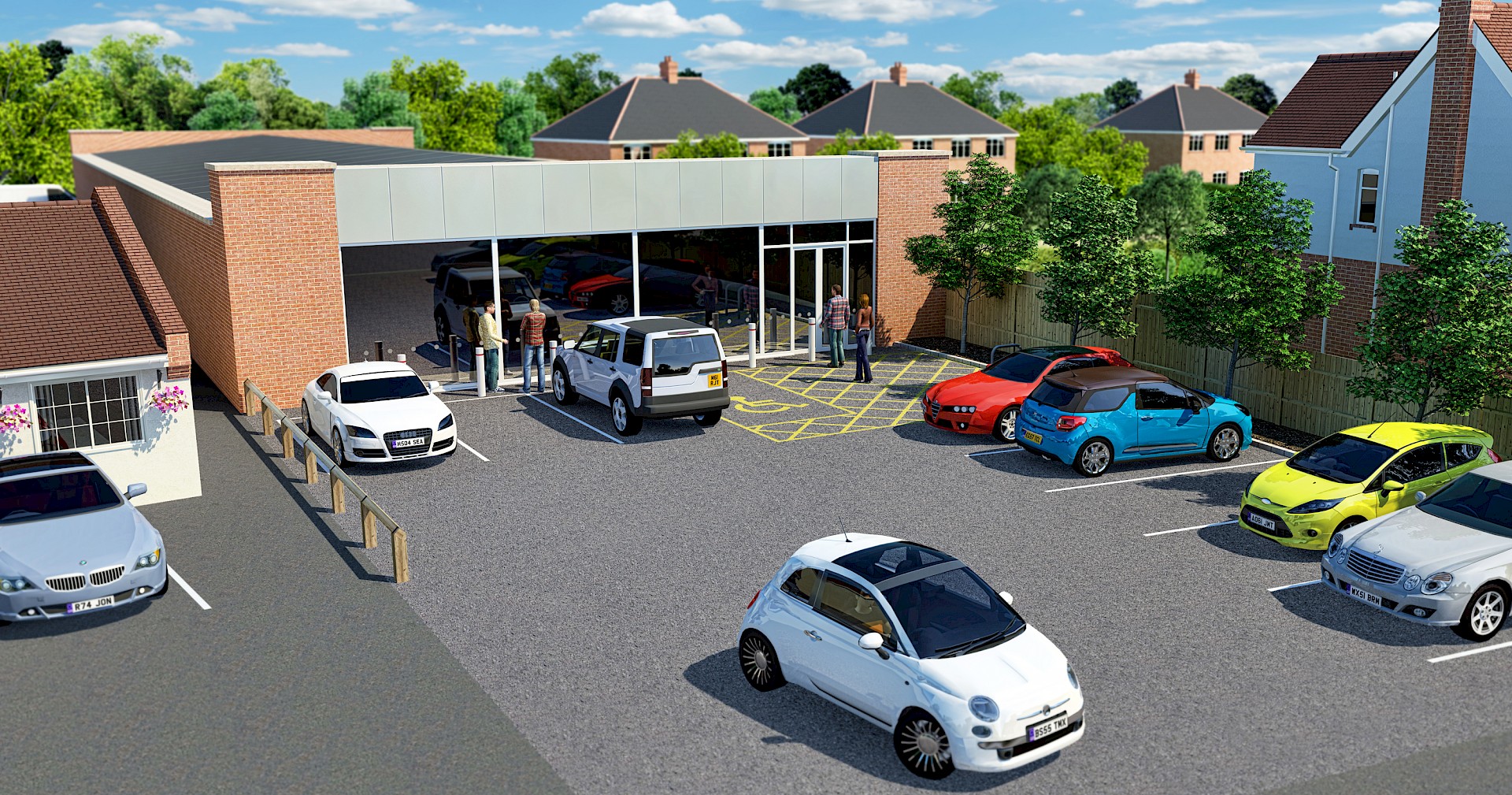 Elevated artists impression of commercial premises with parking