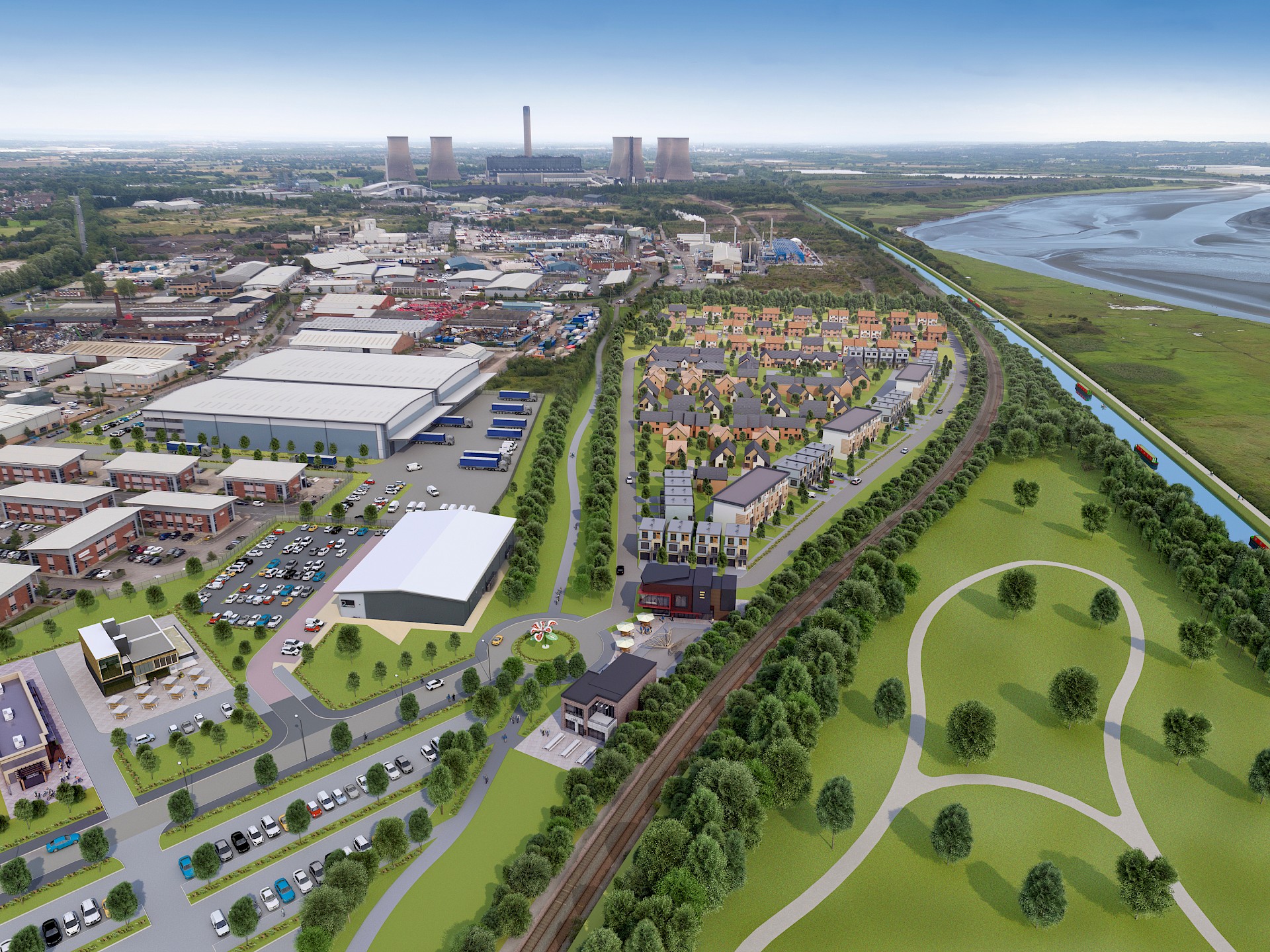 Drone shot CGI of proposed urban landscaping with commercial area