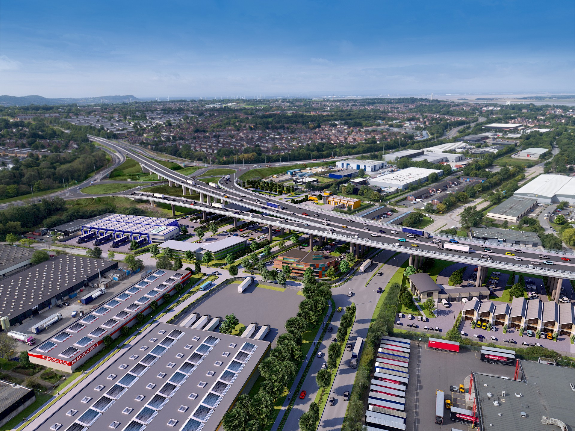 Drone photo fit CGI of commercial zone and motorway flyover
