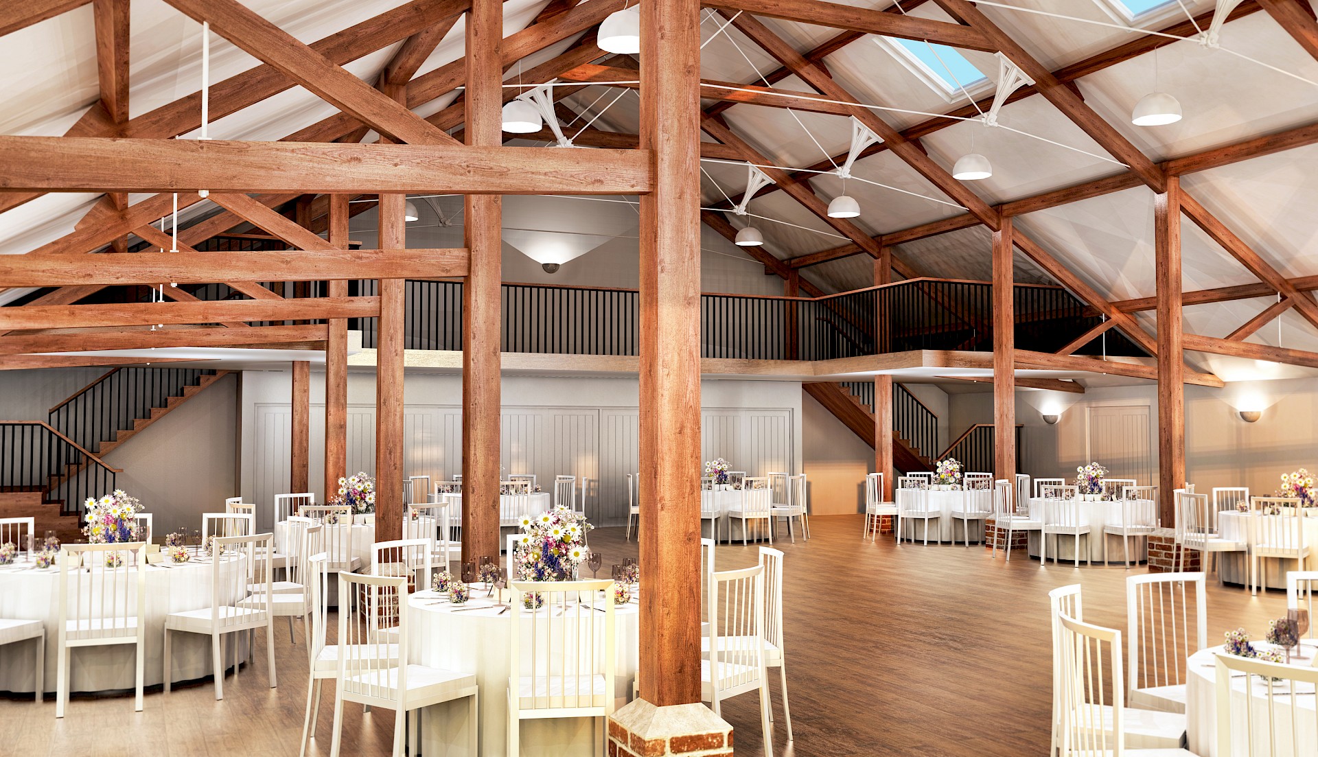 Interior illustration of large timber beamed wedding reception venue with tables and lighting