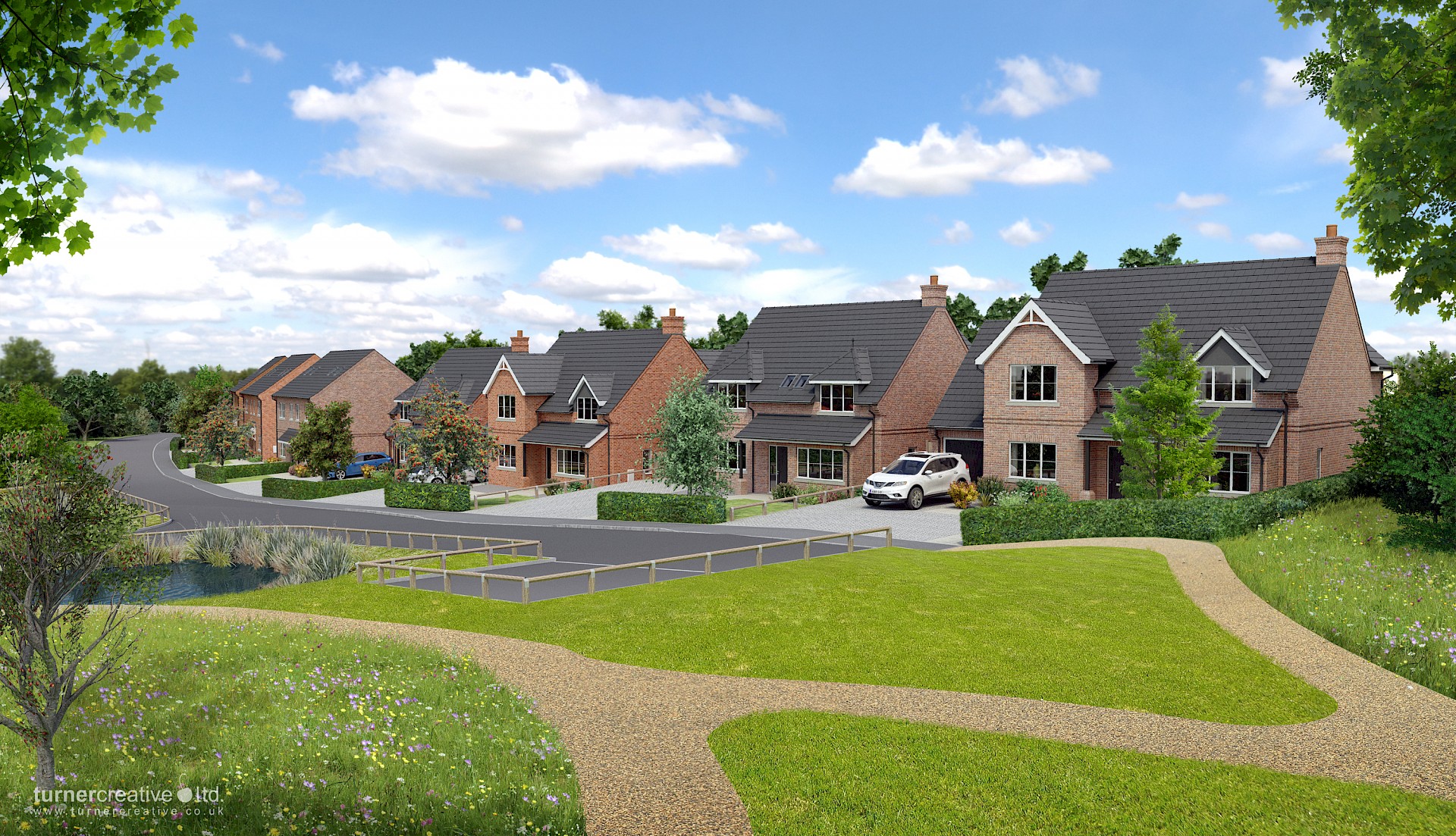 Street scene CGI with detached housing, wildflower meadows and communal park